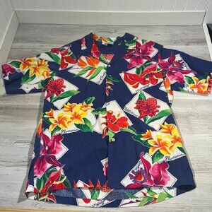 Vtg Banana Bay Hawaiian Bright Floral Button-Up Short Sleeve Shirt Sz L‎ Wooden